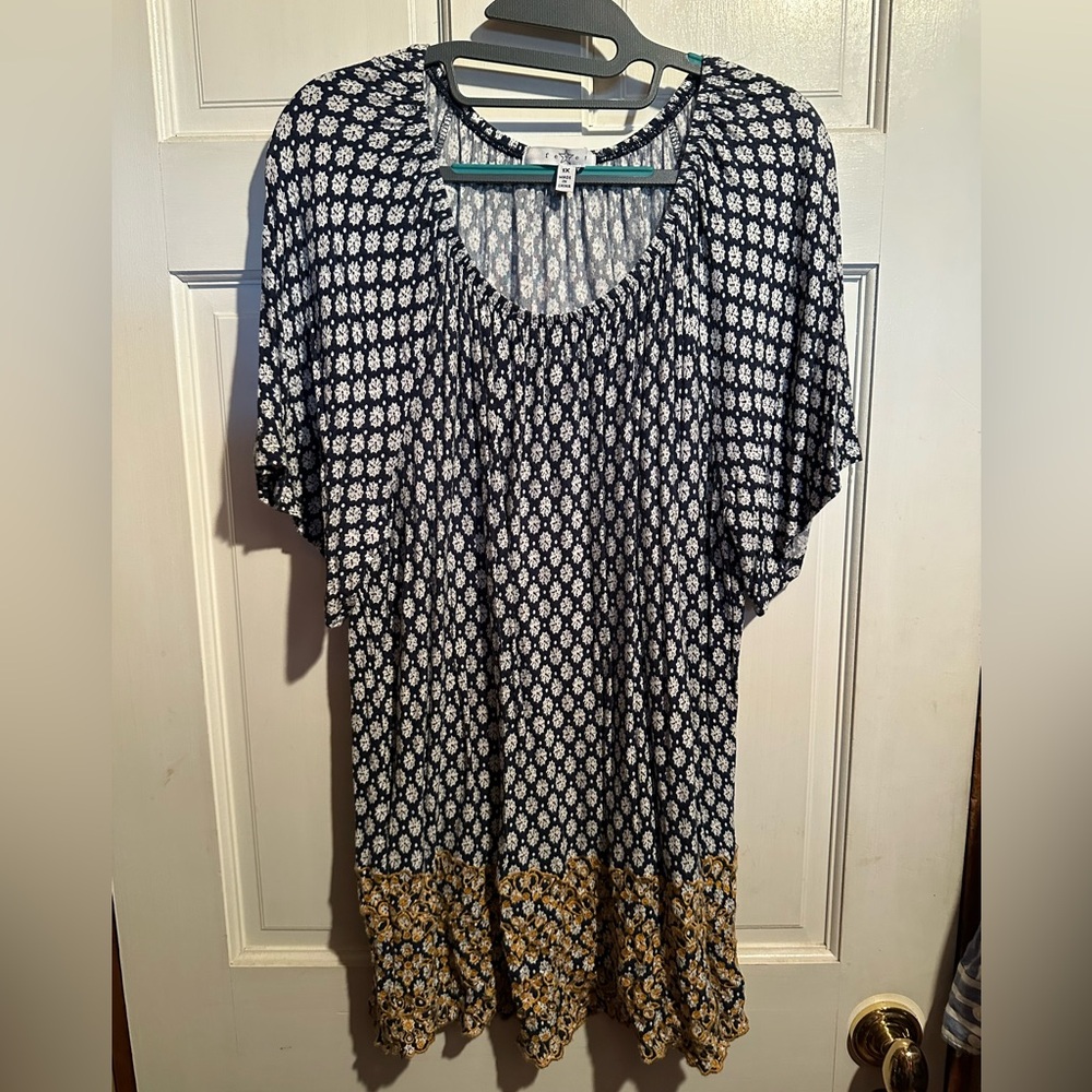 Fever Navy and White Printed Short Sleeve Tunic with Mustard Embroidery